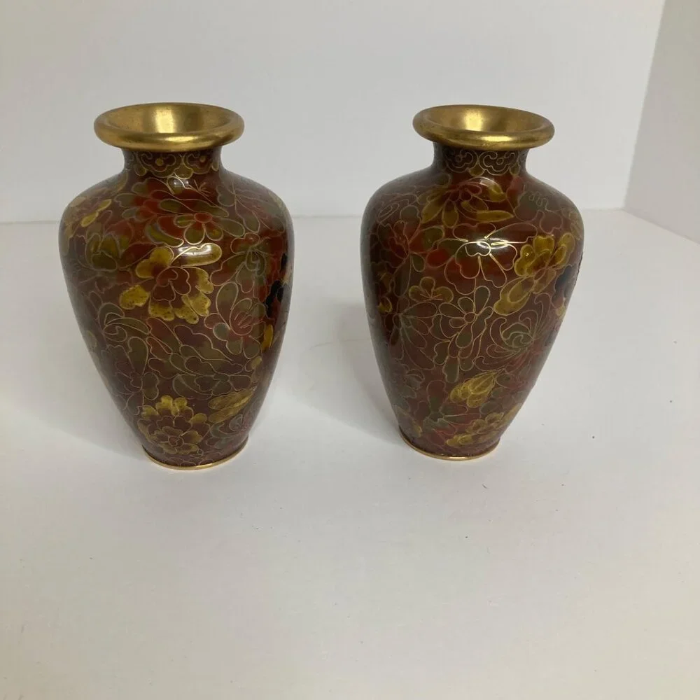 2 Vintage Floral Cloisonne Vases Brown‎ Red Black Gold 4